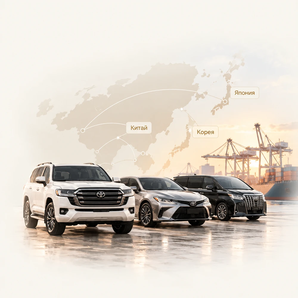 Автомобили из Японии, Китая и Кореи на фоне карты Азии