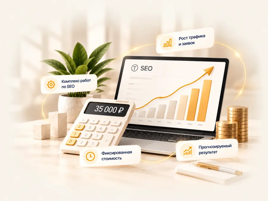 Ноутбук с графиком роста SEO, калькулятор и монеты